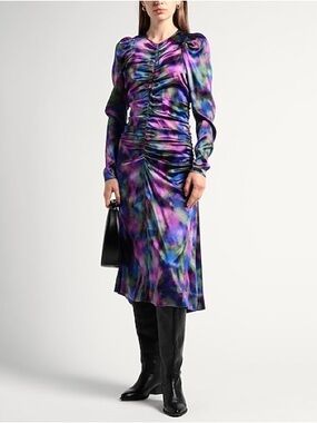 GANNI Organic Silk Ruched Tie-Dye Puff Sleeve Midi Dress Sz 34/ 4 US